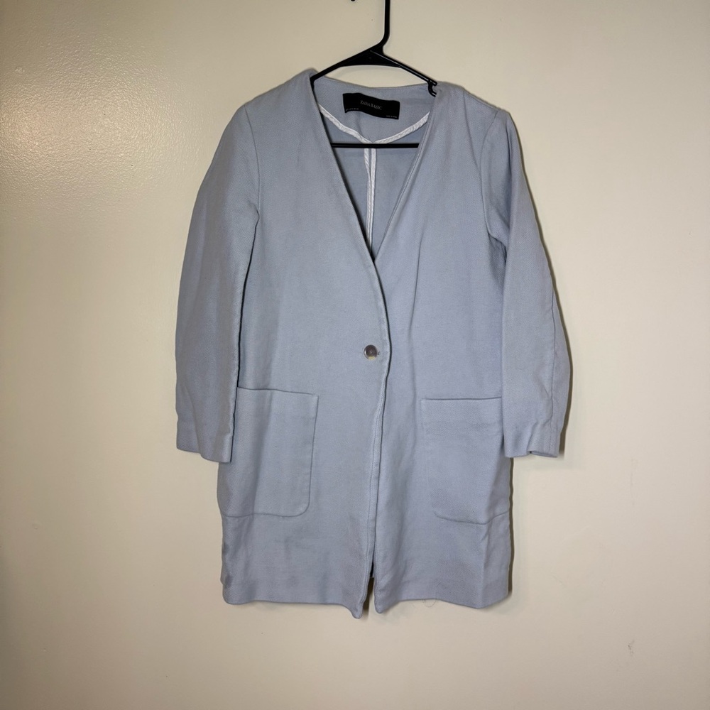 Zara Pastel Blue Single-Button Long Blazer